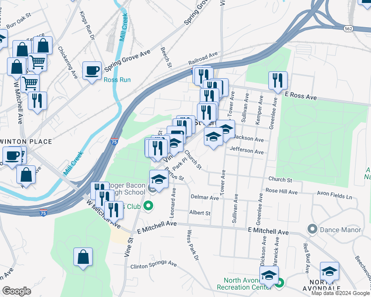 map of restaurants, bars, coffee shops, grocery stores, and more near 4614 Vine Street in Cincinnati