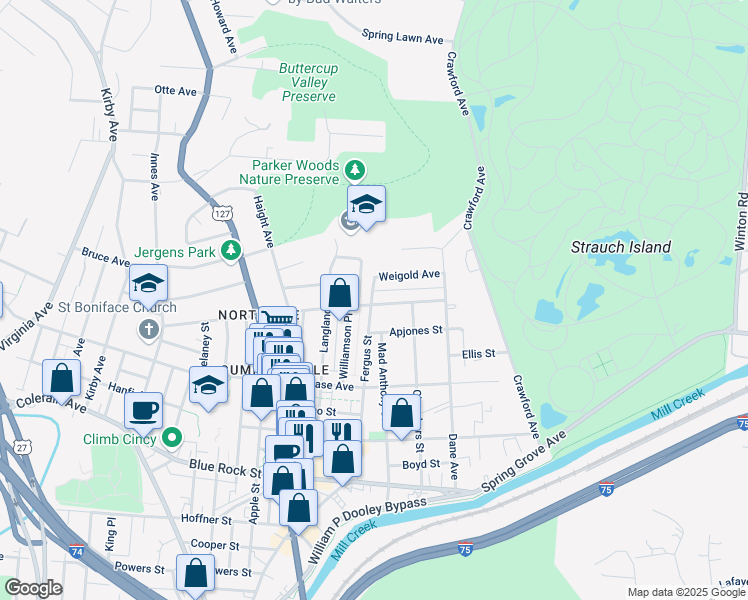 map of restaurants, bars, coffee shops, grocery stores, and more near 1471 Weigold Avenue in Cincinnati