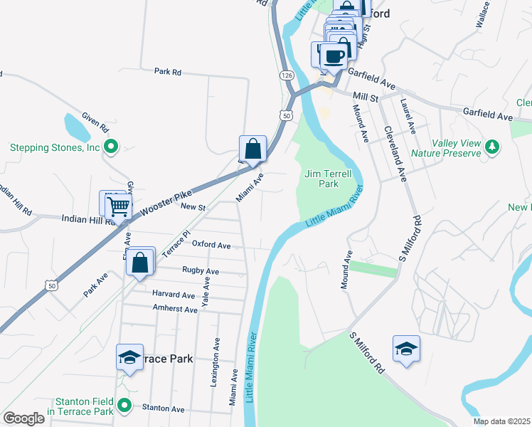 map of restaurants, bars, coffee shops, grocery stores, and more near 99 Michigan Drive in Terrace Park