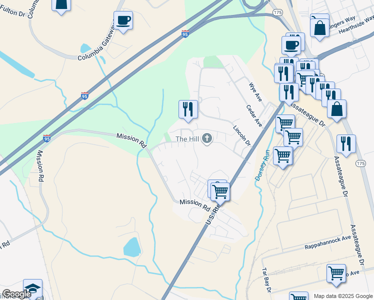 map of restaurants, bars, coffee shops, grocery stores, and more near 8336 Pleasant Chase Road in Jessup
