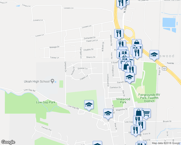 map of restaurants, bars, coffee shops, grocery stores, and more near 550 Capps Lane in Ukiah