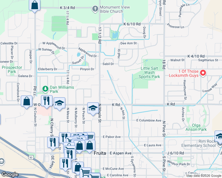 map of restaurants, bars, coffee shops, grocery stores, and more near 512 Quebec Court in Fruita