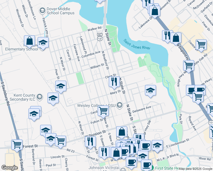map of restaurants, bars, coffee shops, grocery stores, and more near 328 North Bradford Street in Dover