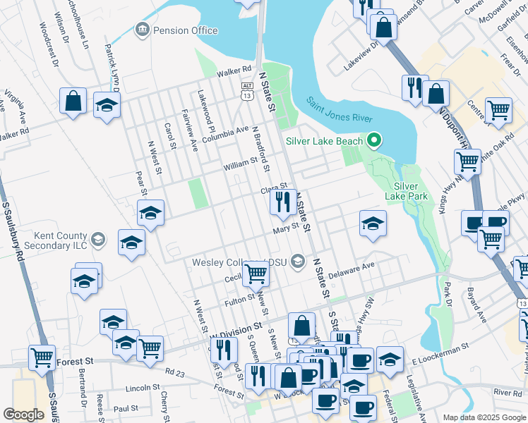 map of restaurants, bars, coffee shops, grocery stores, and more near 328 North Bradford Street in Dover