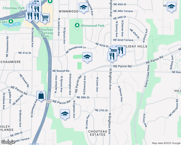 map of restaurants, bars, coffee shops, grocery stores, and more near 4609 Northeast Parvin Road in Kansas City