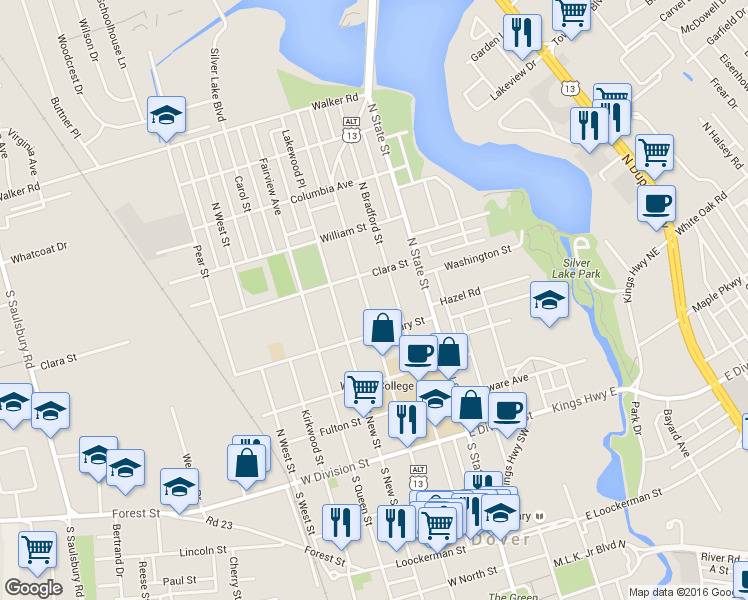 map of restaurants, bars, coffee shops, grocery stores, and more near 328 North Bradford Street in Dover