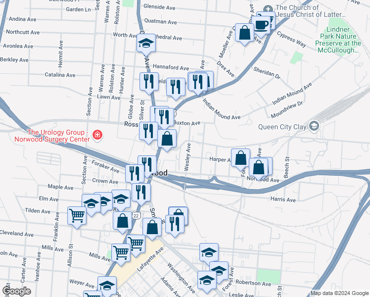 map of restaurants, bars, coffee shops, grocery stores, and more near 5021 Wesley Avenue in Cincinnati