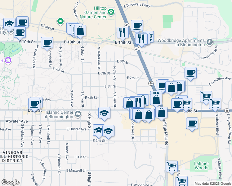 map of restaurants, bars, coffee shops, grocery stores, and more near 113 South Clark Street in Bloomington