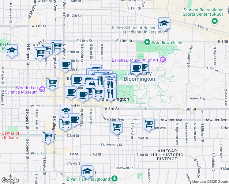 map of restaurants, bars, coffee shops, grocery stores, and more near 601 East Kirkwood Avenue in Bloomington