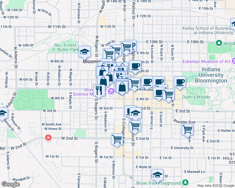 map of restaurants, bars, coffee shops, grocery stores, and more near in Bloomington