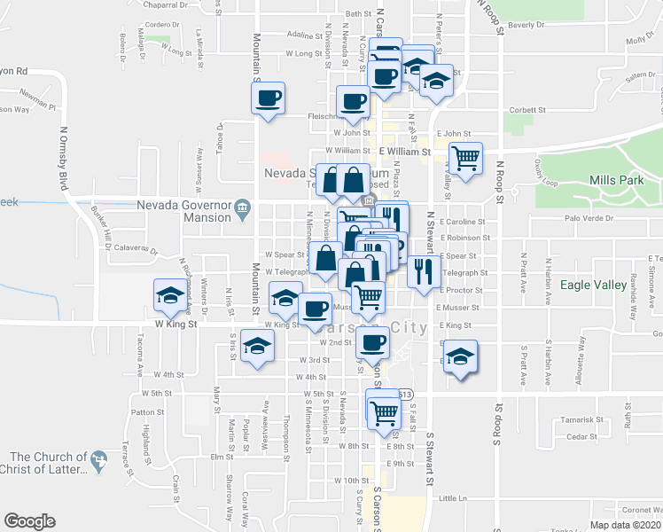 map of restaurants, bars, coffee shops, grocery stores, and more near 403 North Division Street in Carson City