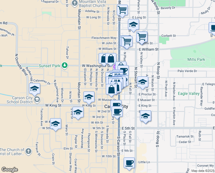 map of restaurants, bars, coffee shops, grocery stores, and more near 406 North Nevada Street in Carson City
