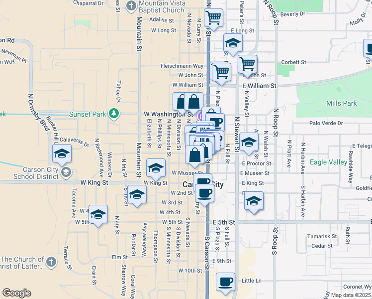 map of restaurants, bars, coffee shops, grocery stores, and more near 406 North Nevada Street in Carson City