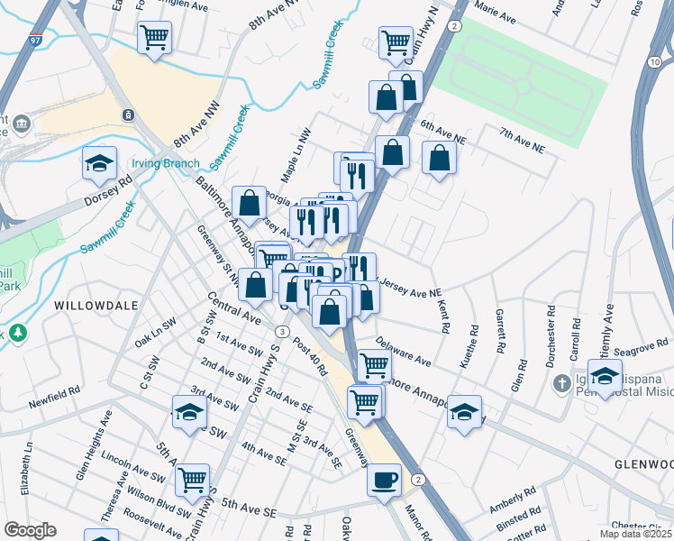 map of restaurants, bars, coffee shops, grocery stores, and more near 215 Ritchie Lane in Glen Burnie