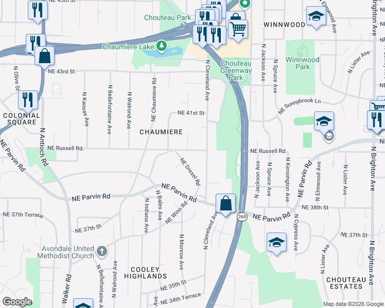 map of restaurants, bars, coffee shops, grocery stores, and more near 3718 Northeast Russell Road in Kansas City