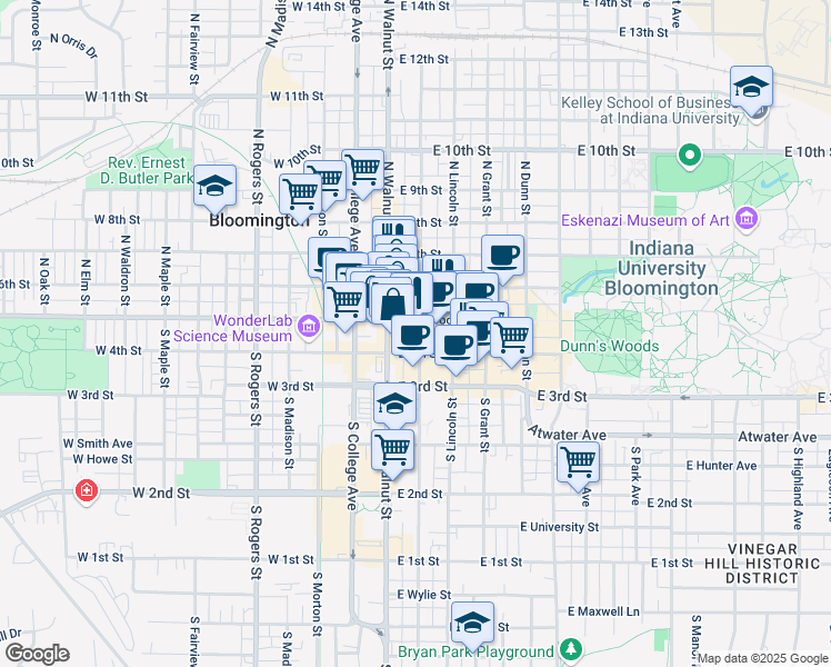 map of restaurants, bars, coffee shops, grocery stores, and more near 200 East Kirkwood Avenue in Bloomington