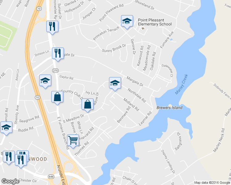 map of restaurants, bars, coffee shops, grocery stores, and more near Westfield Rd & Midland Rd in Glen Burnie