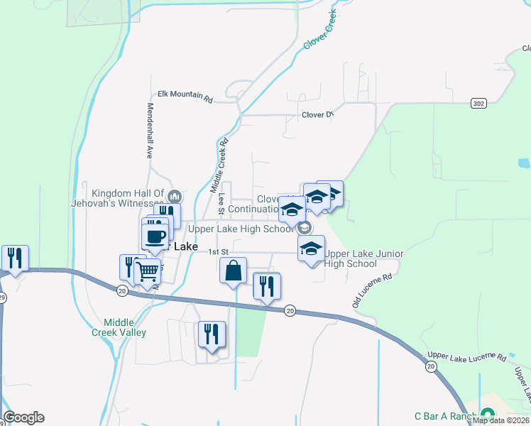 map of restaurants, bars, coffee shops, grocery stores, and more near 630 2nd Street in Upper Lake