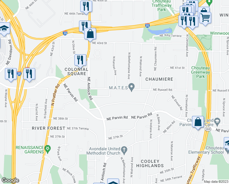 map of restaurants, bars, coffee shops, grocery stores, and more near 2913 Northeast Russell Road in Kansas City