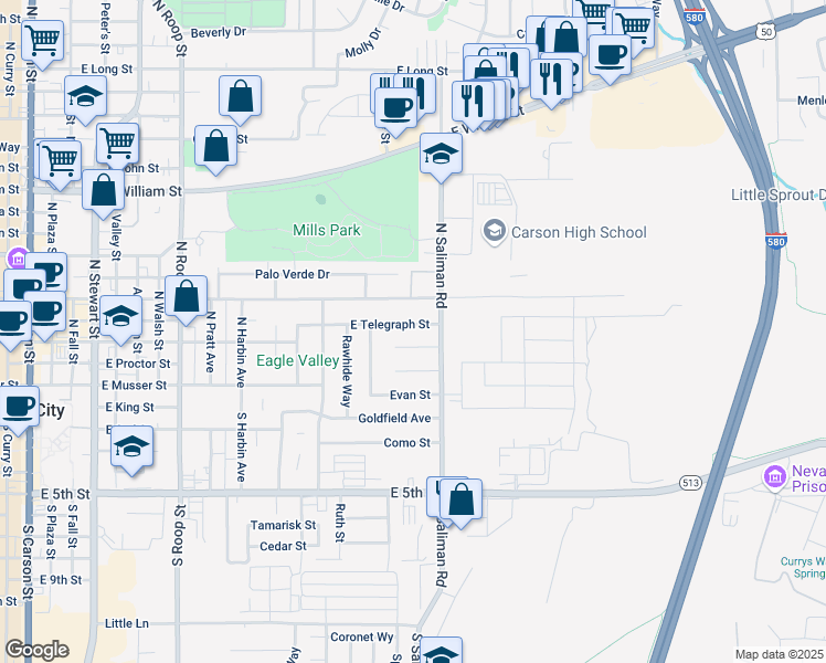 map of restaurants, bars, coffee shops, grocery stores, and more near 1517 East Telegraph Street in Carson City