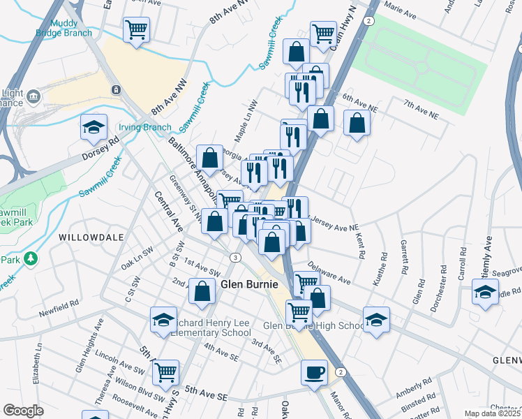 map of restaurants, bars, coffee shops, grocery stores, and more near 121 Crain Highway North in Glen Burnie