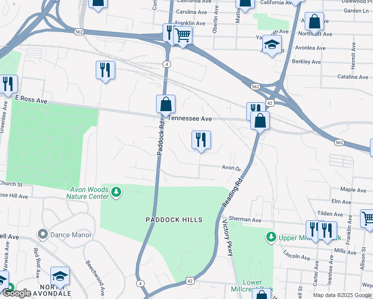 map of restaurants, bars, coffee shops, grocery stores, and more near 1235 Westminster Drive in Cincinnati