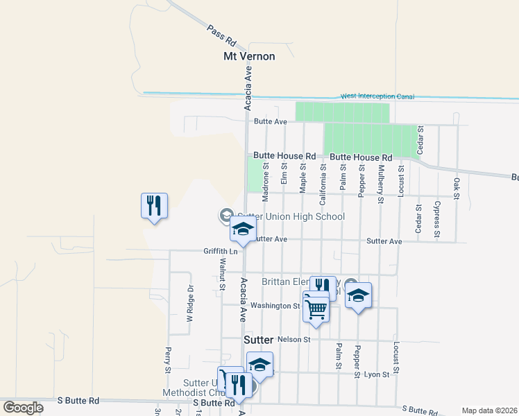 map of restaurants, bars, coffee shops, grocery stores, and more near 2653 Madrone Street in Sutter