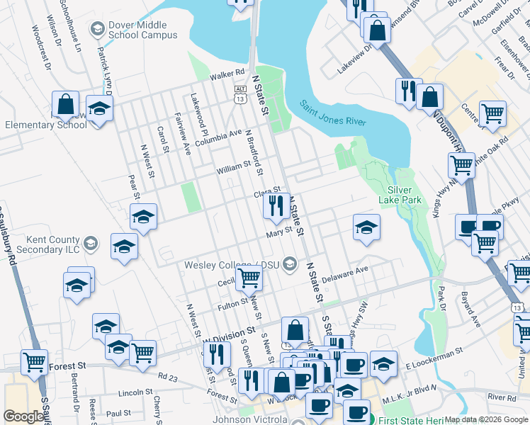 map of restaurants, bars, coffee shops, grocery stores, and more near 328 North Bradford Street in Dover