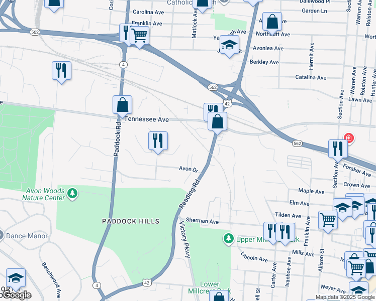 map of restaurants, bars, coffee shops, grocery stores, and more near 4428 Reading Road in Cincinnati