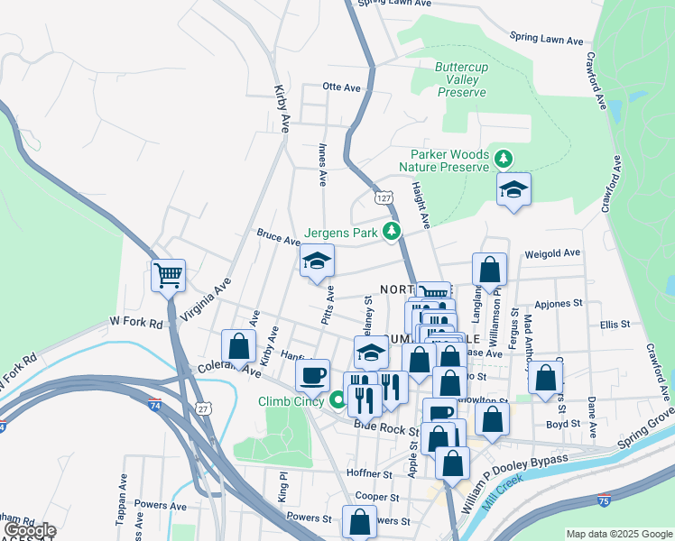 map of restaurants, bars, coffee shops, grocery stores, and more near 4342 Pitts Avenue in Cincinnati
