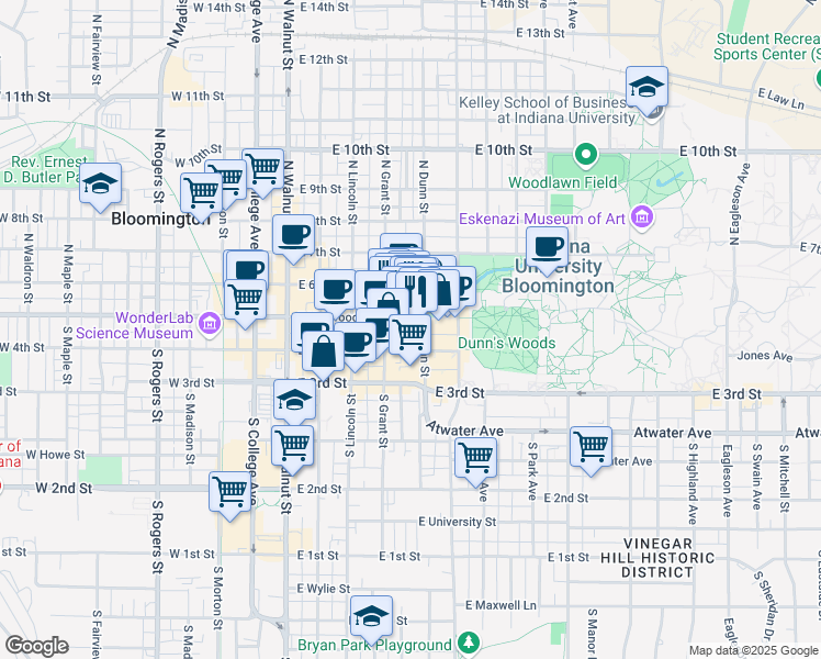 map of restaurants, bars, coffee shops, grocery stores, and more near 420 East Kirkwood Avenue in Bloomington