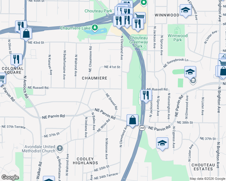 map of restaurants, bars, coffee shops, grocery stores, and more near 3718 Northeast Russell Road in Kansas City