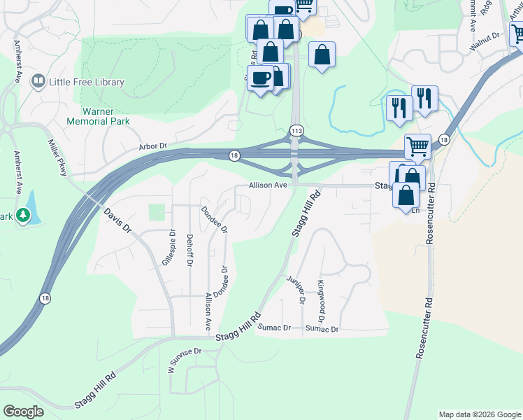 map of restaurants, bars, coffee shops, grocery stores, and more near 713 Ridgewood Drive in Manhattan