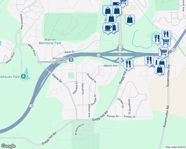 map of restaurants, bars, coffee shops, grocery stores, and more near 708 Dondee Drive in Manhattan