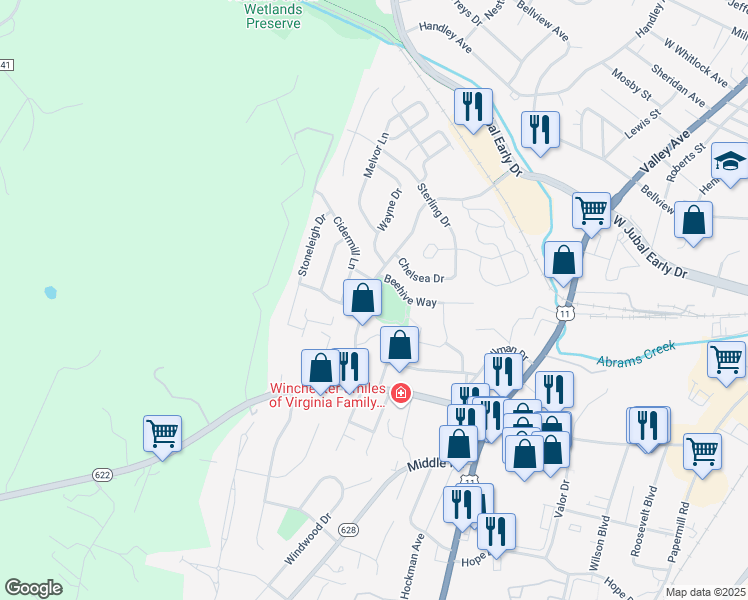 map of restaurants, bars, coffee shops, grocery stores, and more near 2044 Harvest Drive in Winchester