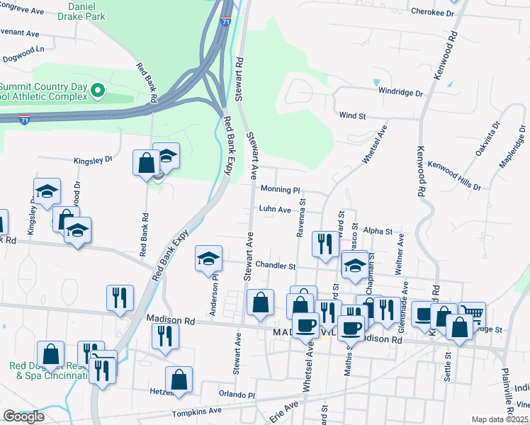 map of restaurants, bars, coffee shops, grocery stores, and more near 5607 Luhn Avenue in Cincinnati