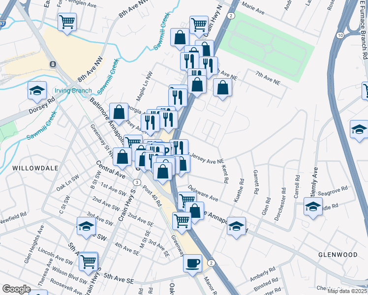 map of restaurants, bars, coffee shops, grocery stores, and more near 206 New Jersey Avenue Northeast in Glen Burnie