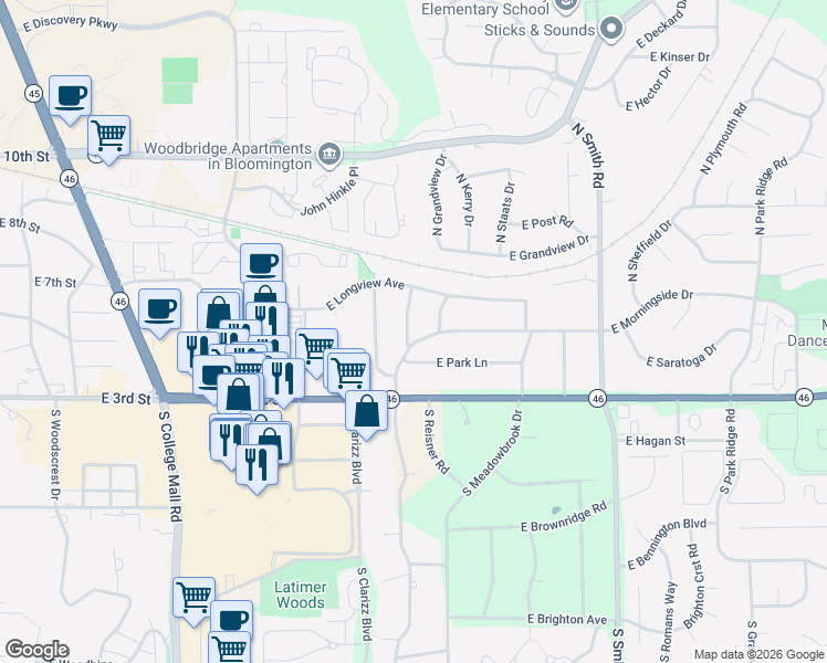 map of restaurants, bars, coffee shops, grocery stores, and more near 102 Lexington Avenue in Bloomington