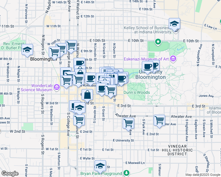 map of restaurants, bars, coffee shops, grocery stores, and more near 422 East Kirkwood Avenue in Bloomington