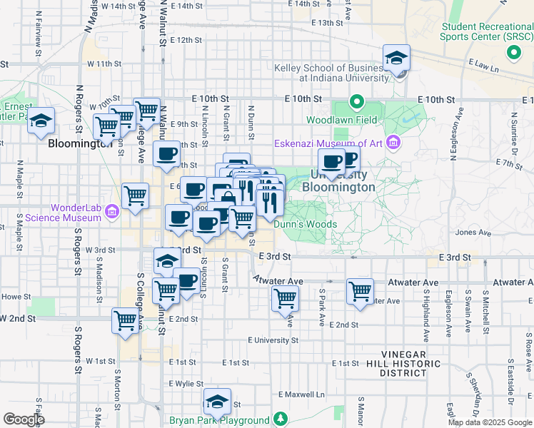 map of restaurants, bars, coffee shops, grocery stores, and more near in Bloomington