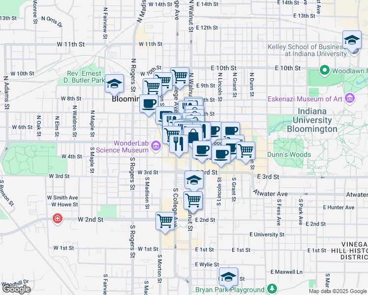 map of restaurants, bars, coffee shops, grocery stores, and more near 101 West Kirkwood Avenue in Bloomington