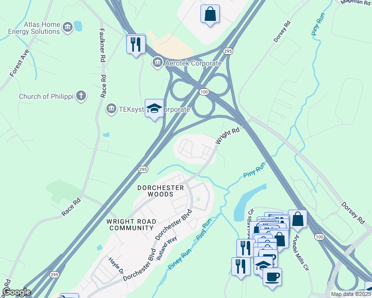 map of restaurants, bars, coffee shops, grocery stores, and more near 1216 Sassafras Court in Severn