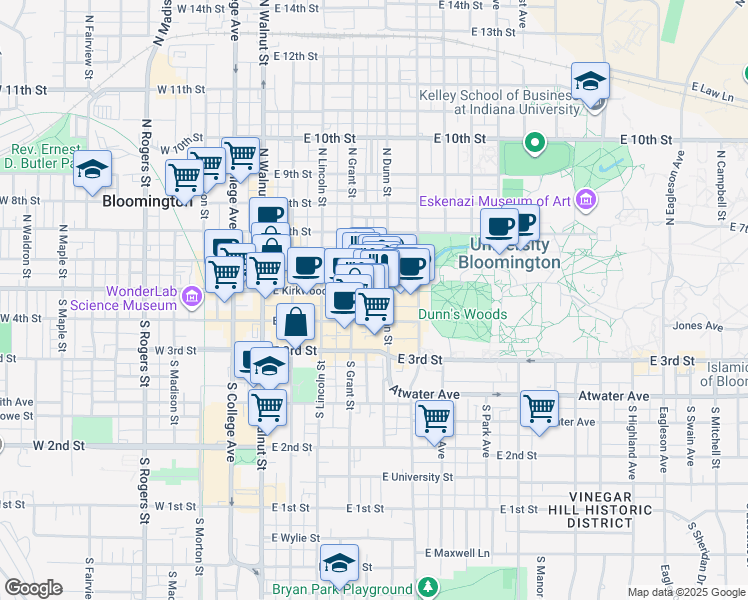 map of restaurants, bars, coffee shops, grocery stores, and more near 420 East Kirkwood Avenue in Bloomington