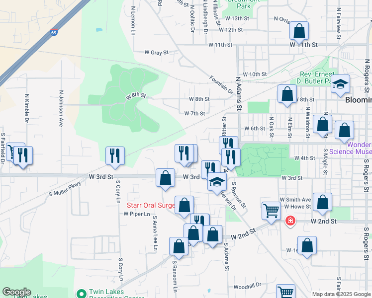 map of restaurants, bars, coffee shops, grocery stores, and more near 125 South Westplex Avenue in Bloomington