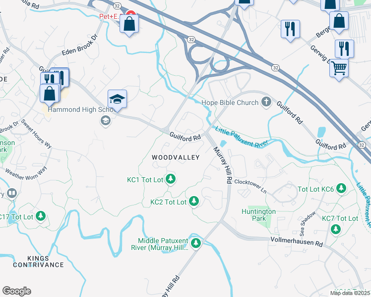 map of restaurants, bars, coffee shops, grocery stores, and more near 8913 Early April Way in Columbia