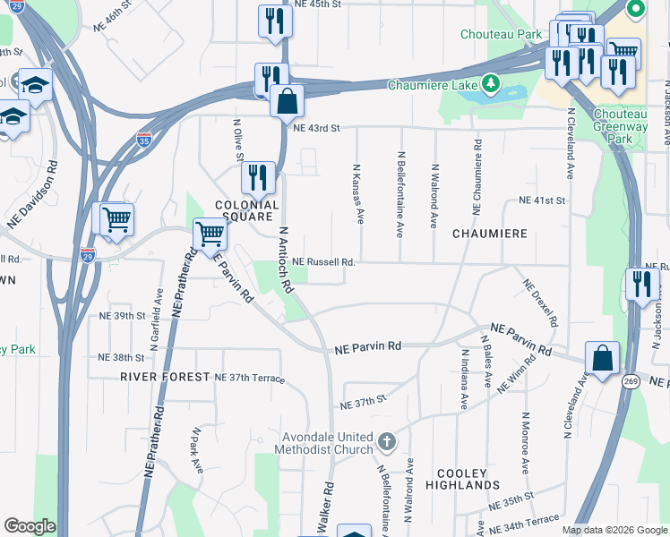 map of restaurants, bars, coffee shops, grocery stores, and more near 2811 Northeast Russell Road in Kansas City
