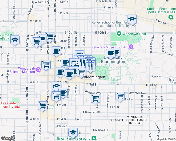 map of restaurants, bars, coffee shops, grocery stores, and more near 518 East Kirkwood Avenue in Bloomington