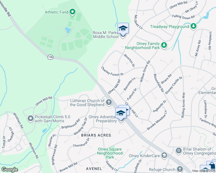 map of restaurants, bars, coffee shops, grocery stores, and more near 18906 Clover Hill Lane in Olney