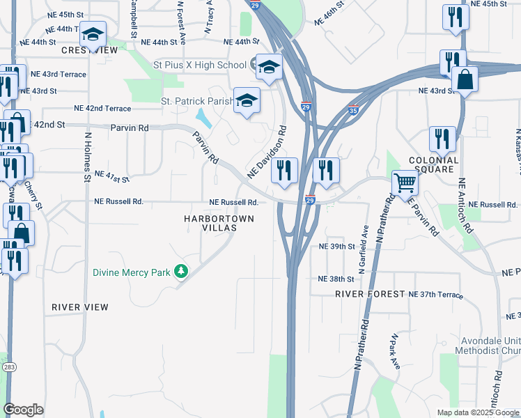 map of restaurants, bars, coffee shops, grocery stores, and more near 1411 Northeast Russell Road in Kansas City