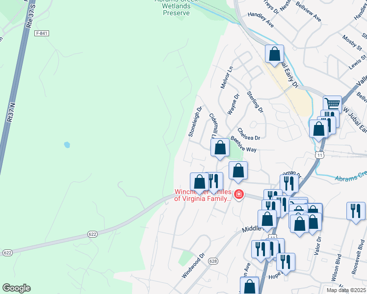 map of restaurants, bars, coffee shops, grocery stores, and more near 2119 Stoneleigh Drive in Winchester